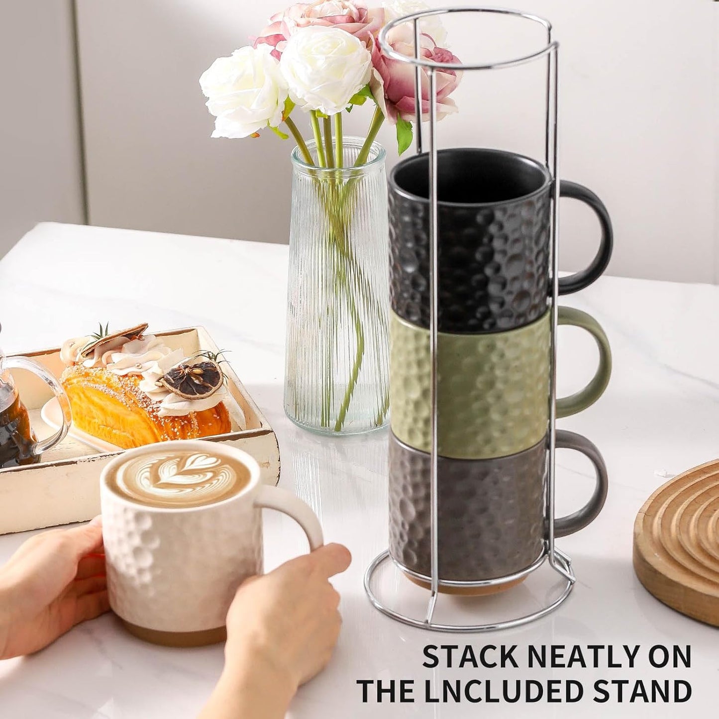 Nihow Ceramic Coffee Mug Set of 4, 16OZ Stackable Coffee Mug Set with Stainless Stand,Large Cup Set for Cappuccino,Tea,Hot/Cold Drinks,Dishwasher & Microwave Safe,Mixing Color