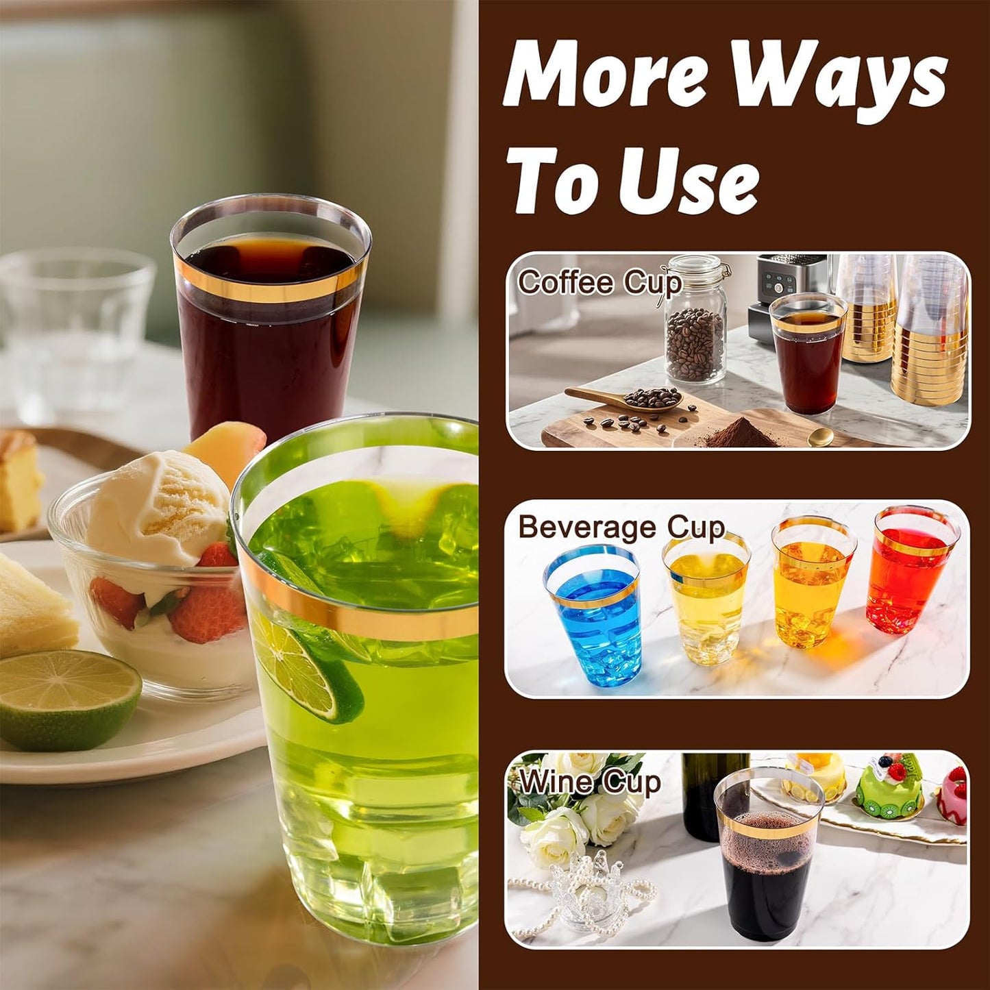 I00000 100 Pack 24 oz Gold Plastic Cups, Elegant Gold Rimmed Plastic Cups, Disposable Cocktail Glasses Wine Glasses, 24 oz Premium Tumblers Perfect for Birthday, Party & Wedding