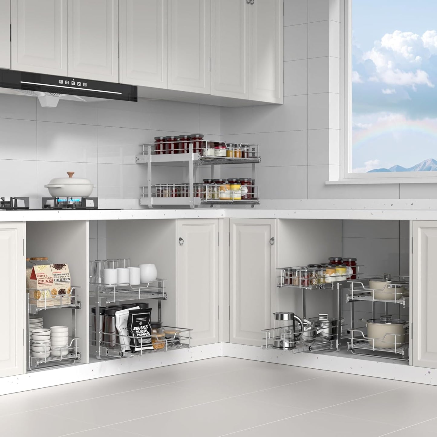 ZOINLIY Pull Out Cabinet Organizer, Versatile Slide Out Kitchen Organizers and Storage,Heavy Duty Drawer Cupboard Storage Basket, Smooth Sliding, Chrome Finish (2-Tiers-14¼''W×22“D)