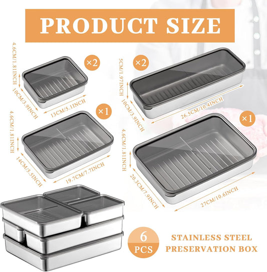 Hushee 6 Pack Bacon Cheese Container for Refrigerator, 304 Stainless Steel Airtight Deli Meat Container, Dishwasher Safe Fridge Storage Fruit Lunch Storage with Lids for Fridge, 4 Sizes