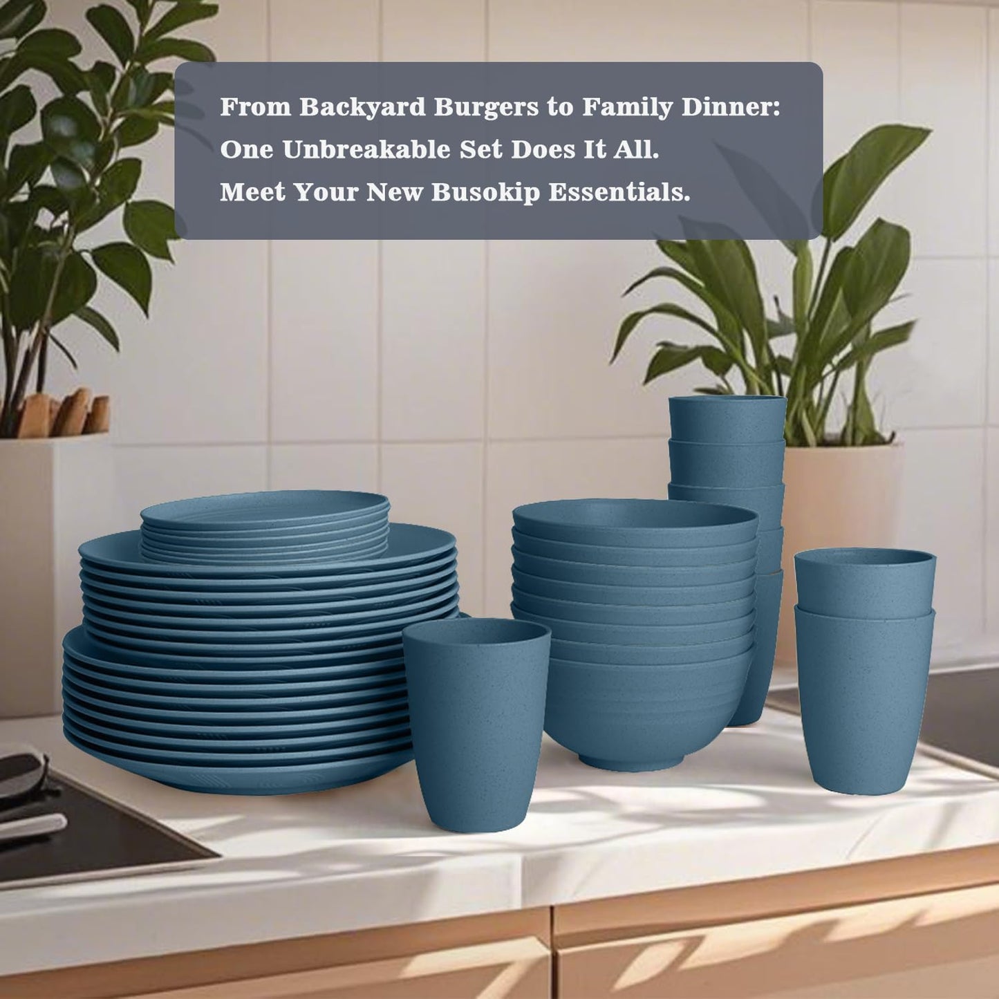 Wheat Straw Dishes Set 40 PCS, Unbreakable Dinnerware Set of 8 - Dinner Plates, Cereal Bowls, Water Cup, Lightweight, Reusable, Microwave & Dishwasher Safe Bowls for Kitchen and Outdoor - Blue