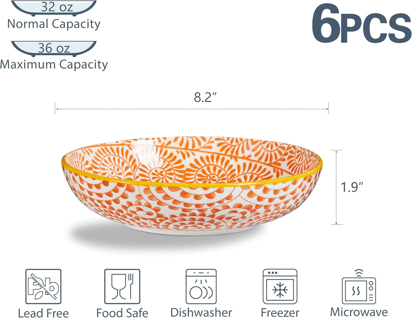 ONEMORE Colorful Pasta Bowls Set of 6, 36oz - Oven/Microwave/Dishwasher Safe Ceramic Wide Bowl for Dinner - Stackable, Scratch Resistant - Assorted Colors