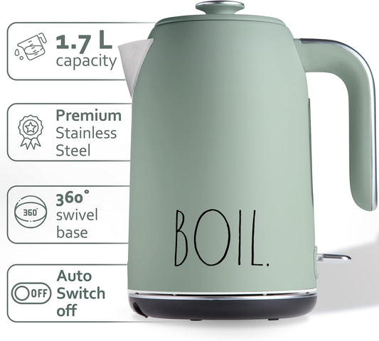 Rae Dunn Electric Hot Water Kettle - Stainless Steel Coffee Maker, Tea Kettle, Swivel Base, With Automatic Shut Off Boil-Dry Protection, Easy Pour Pitcher, 1500 Watt Boiling Power, 1.7 Liters (Sage)