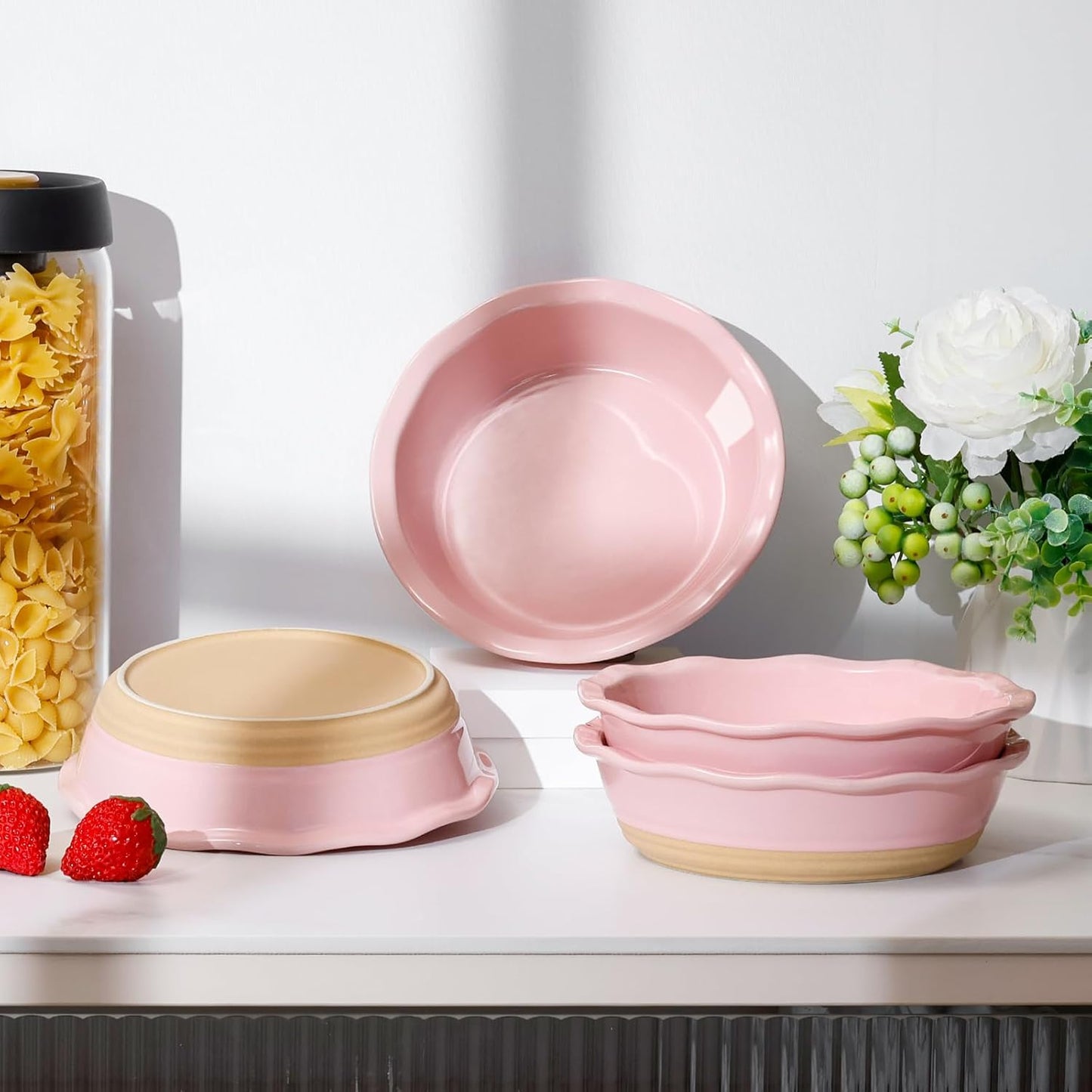 NUTRIUPS Small Pie Pans Set of 4, 6.5 Inch Ceramic Mini Pot Pie Baking Dishes, Oven Safe (6.5in, Pink, 4PCS)