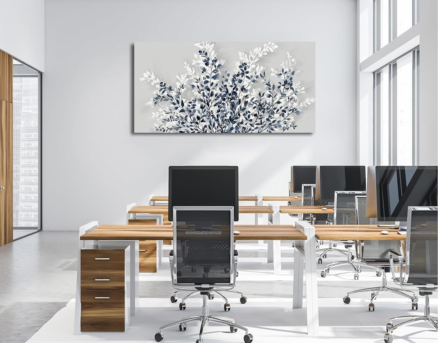 NINEASO Botanical Flowers Wall Art - Indigo Blue and White Floral Canvas Pictures Spring Blooming Painting Gray Background Printing Artwork Living Room Bedroom Home Office Wall Decor 29" x 58"