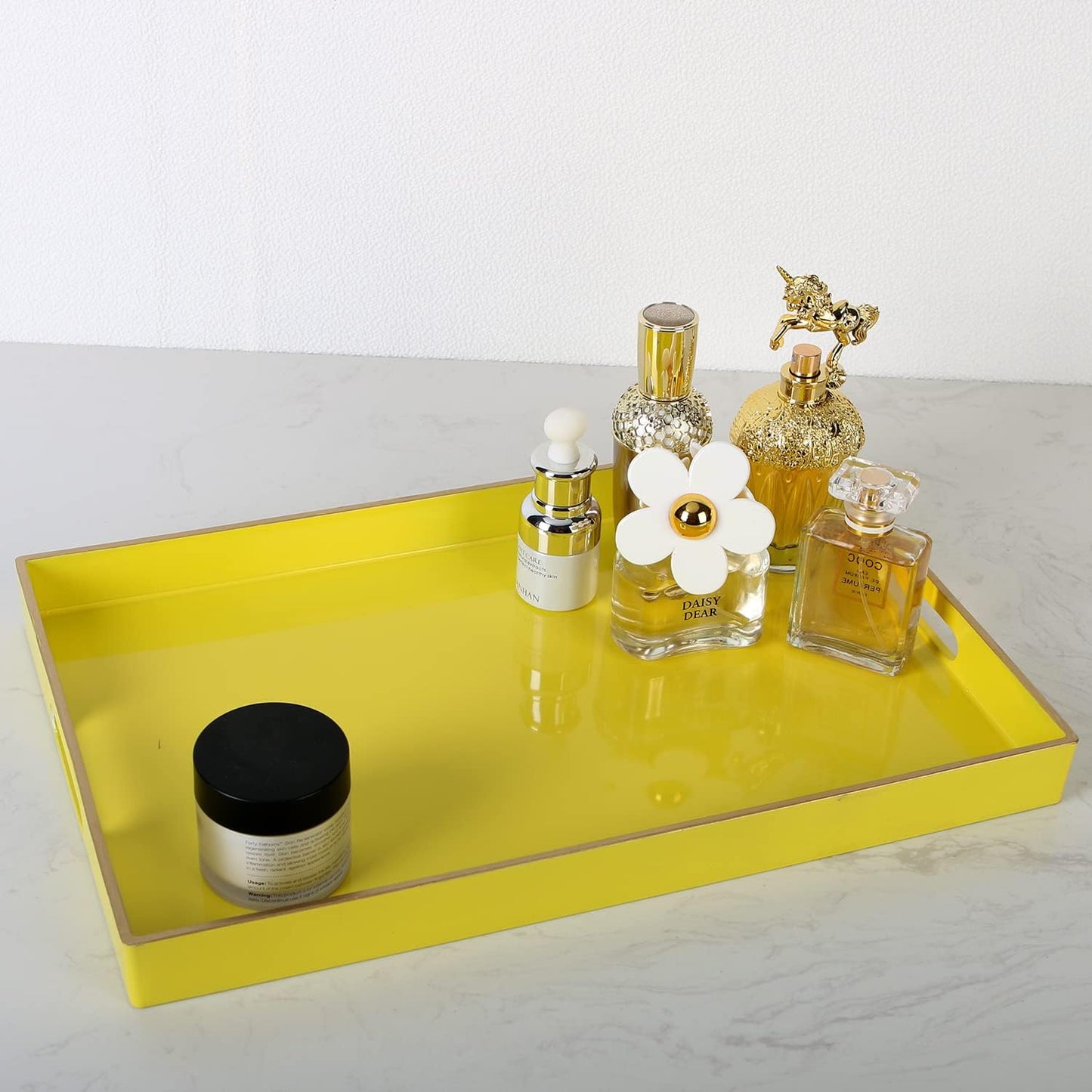 Zosenley Decorative Tray, Rectangular Plastic Tray with Handles, Modern Vanity Tray and Serving Tray for Bathroom, Kitchen, Ottoman and Coffee Table, 15.6" x 10.2" (Yellow)