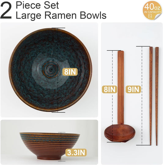 8 Inch Ceramic Ramen Bowl Set of 2, 40oz Japanese Bowls with Spoons & Chopsticks,Durable,Microwave & Dishwasher Safe,Perfect for Ramen,Pho,Salad,Soup,Noodles,Mixing bowls(Verdigris Green)