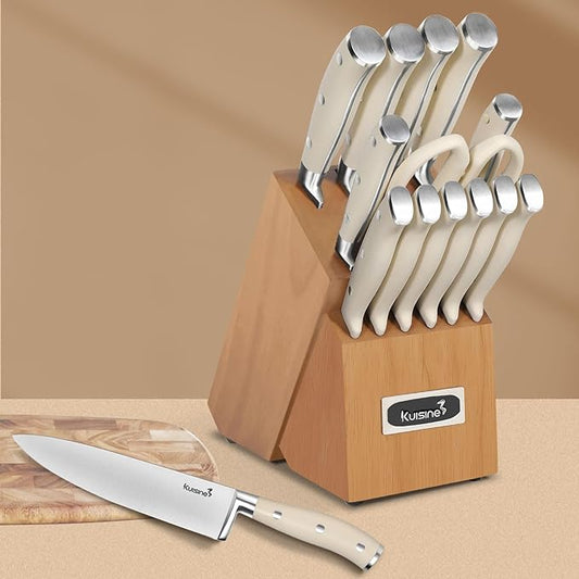 Kuisine Kitchen Chef Knife Block Set,High Carbon Stainless Steel Razor-Sharp Blade Ergonomic Handle,Sharp Knife Set with Built-in Sharpener,Elegant Gift(Irovy-Acacia,15pcs)