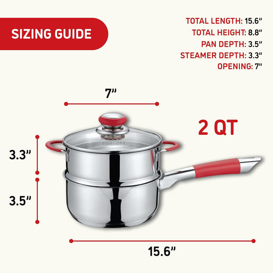 Concord Stainless Steel SIMPLE POUR Saucepan with Steamer Tier. Vented Glass Lid. Features Dual Pouring Spouts and Volume Marking on pot. Perfect for making Sauces, Jam, Ramen, and more (2 Quart)