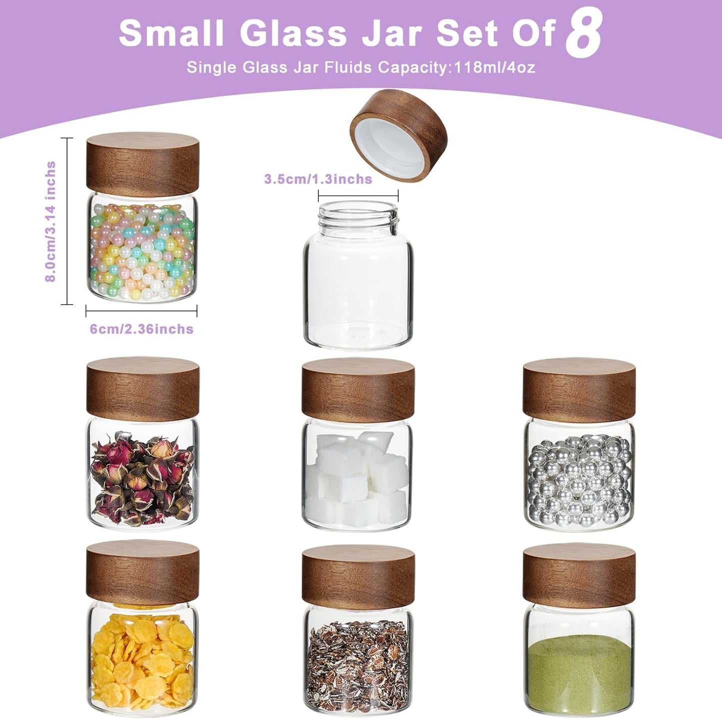 Glass Spice Jars Seasoning Containers Small Glass Jars with Lids Airtight Food Storage Canister for Kitchen Pantry Sugar Tea Coffee Bean Nuts Cookies Herbs Salt (4oz(118ml)*8 pack)
