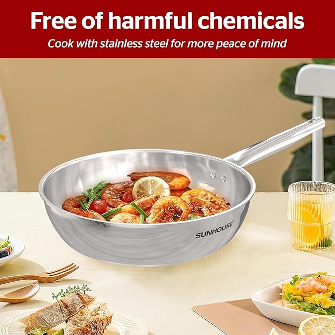 Sunhouse 8 Inch Tri-Ply Stainless Steel Frying Pan, Whole-Clad No Coatings Skillet with Stay-cool Handle for Cooking, Durable & Oven Safe to 500°F, Dishwasher Safe, Compatible with All Cooktops