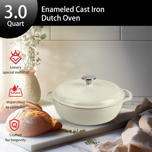 Enameled Cast Iron Dutch Oven Pot with Lid, 3 Quart Shallow Dutch Oven, Oven Safe up to 500° F, Suitable for Bread Baking, Braising, Roasting, Stews, White