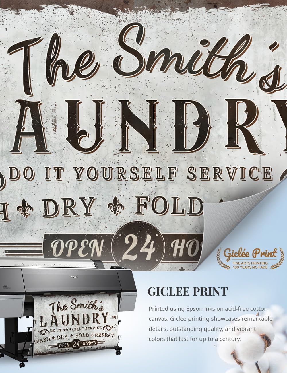 IPIC - Personalized Laundry Room Sign, Custom Canvas Wall Art with Family Name, Rustic Farmhouse Wall Decor and Accessories for Business and Home, Wash Dry Fold Repeat