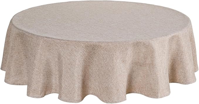JIUZHEN Round Table Cloth Faux Linen Farmhouse Tablecloth Wrinkle and Stain Resistant Decorative Fabric Table Cover for Kitchen, Dining Room, Parties and Camping, Stone, 80 Inch Round
