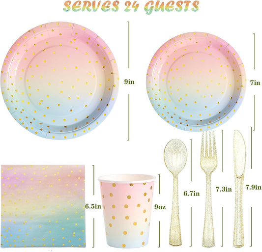 Pastel Party Supplies Rainbow Pastel Party Paper Plates Cups Napkins Dinnerware Set for Pastel Party Decorations Girl Birthday Baby Showers Bridal Shower Wedding,Serves 24