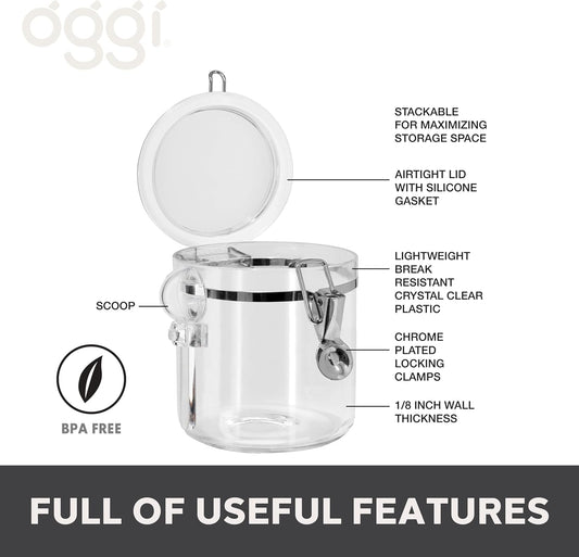 OGGI Clear Canister Airtight 38oz - Clamp Lid & Spoon - Airtight Food Storage Containers, Ideal for Kitchen & Pantry Storage of Bulk, Dry Food Including Flour, Sugar, Coffee, Rice, Tea, Spices & Herbs