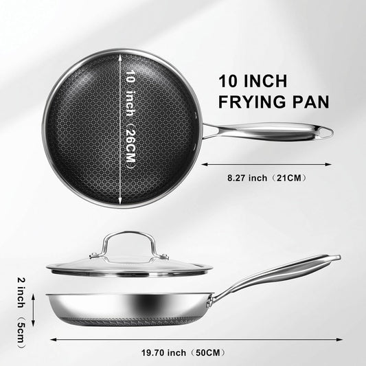 10 Inch Nonstick Frying Pan with Lid, Stainless Steel Skillet with Honeycomb Surface, Induction Compatible, Oven & Dishwasher Safe, PFAS-Free Cookware