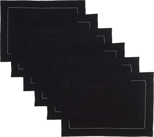 D'Moksha Homes Linen Placemats Set of 6 - Classic Hemstitch Black Placemats 14 x 19 Inch - 100% Pure Linen Table Mats for Fall, Autumn and Halloween - Handcrafted and Machine Washable