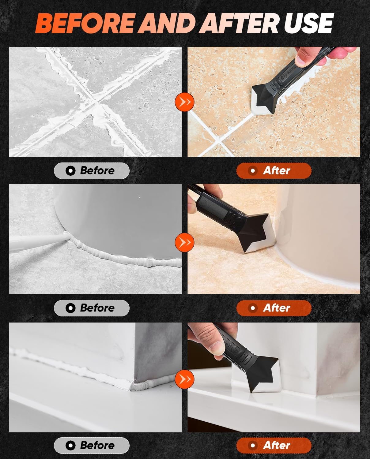 Saker Silicone Caulking Tools-3 in 1 Sealant Finishing Tool Grout Remove Scraper (Stainless Steelhead),Caulk Remover Glass Glue Angle Scraper for Bathroom,Kitchen,Floor,Window,Sink Joint,Frames Seal