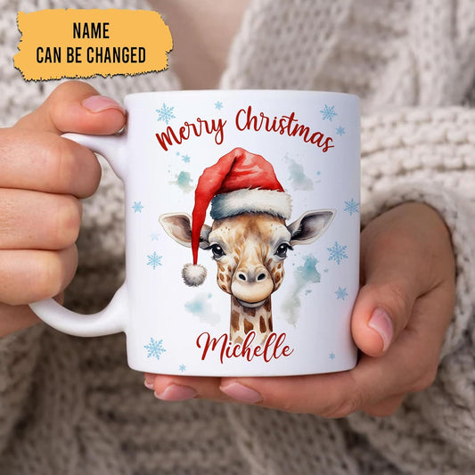 Hyturtle Personalized Gifts Giraffe Lover - Giraffe Wearing Santa Hat Custom Name Ceramic Coffee Mug Cup 11oz - Cute Animal Lovers Gifts For Women, Girl kids Family On Birthday, Christmas