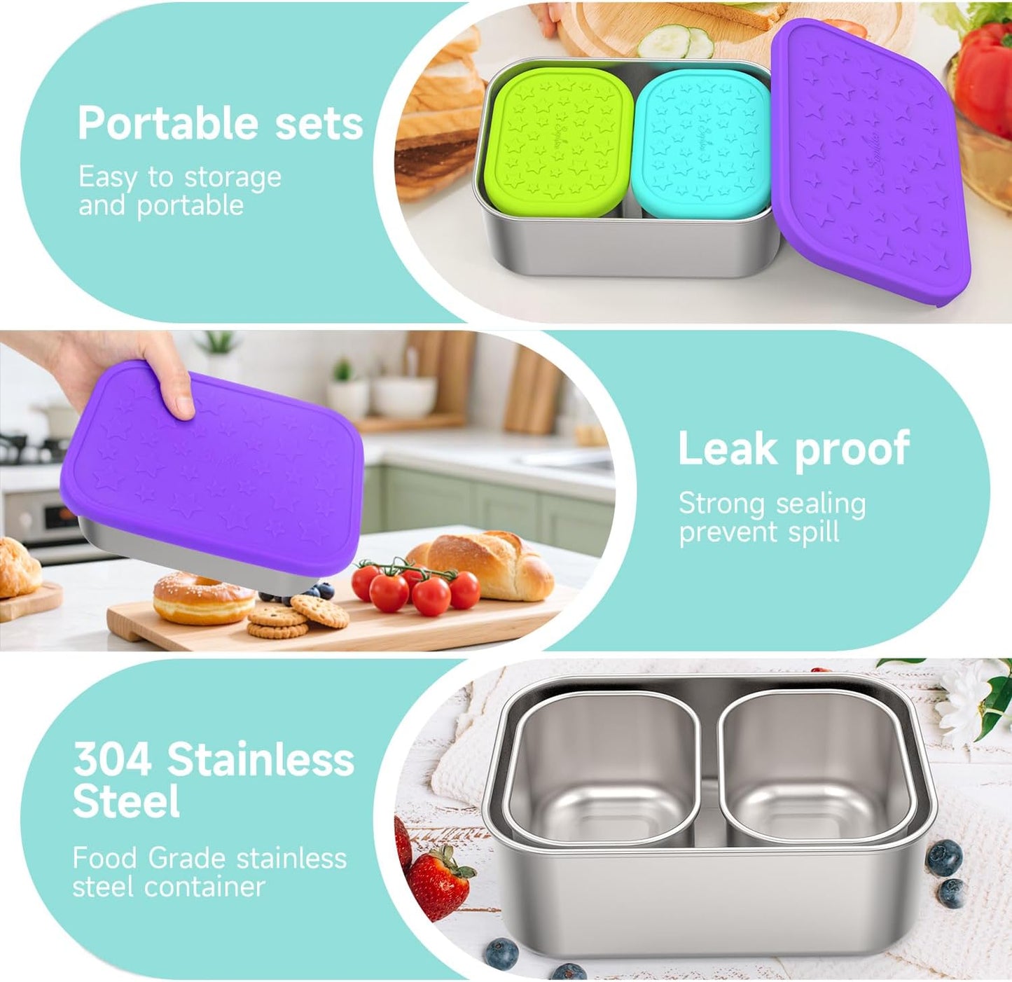 SOPHICO Stainless Steel 24 OZ Snack Containers for Kids,Food Storage Container with Silicone Lid - Perfect 304 Metal Toddler Lunch Box for Daycare and School, Leak Proof (Purple)