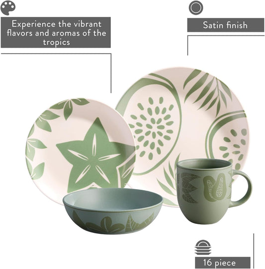Corona 16–piece Green Tropical Fruit Design Ceramic Dinnerware Sets | Plates, Bowls and Mugs | Service For 4 | Frutto