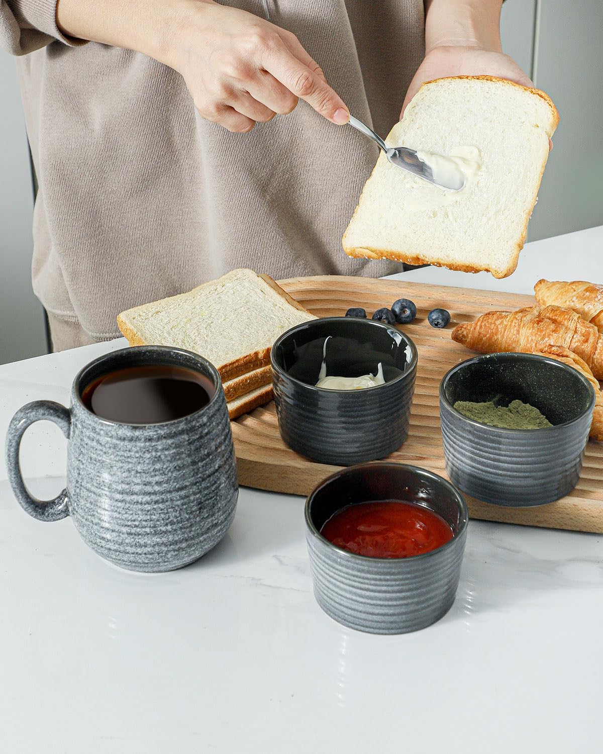 Hasense Ramekins 8 oz Oven Safe for Creme Brulee, Ceramic Souffle Dish Oven Safe Set of 6,Porcelain Dipping Sauce Bowls for Pudding, Creme Brulee, Souffle, Serving Dip, Custard, Ice Cream, Grey