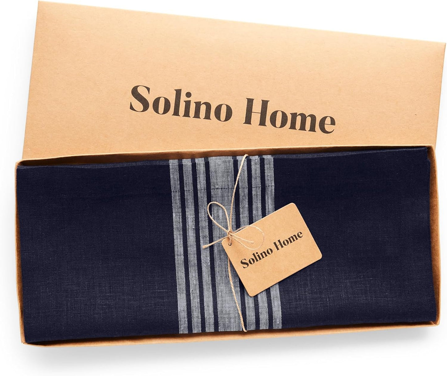 Solino Home Linen Table Runner 120 Inches Long - 100% Pure Linen Farmhouse White and Navy Table Runner 14 x 120 Inch Ideal for Dining, Thanksgiving, Christmas, Holiday