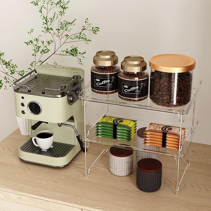 2 Pcs Cabinet Organizer Shelf,Stackable Kitchen Counter Shelves, Spice Rack,Countertop Organizers,Clear Plastic Storage Shelves Rack for Makeup,Bathroom, Cupboard,Desk,Pantry Organization