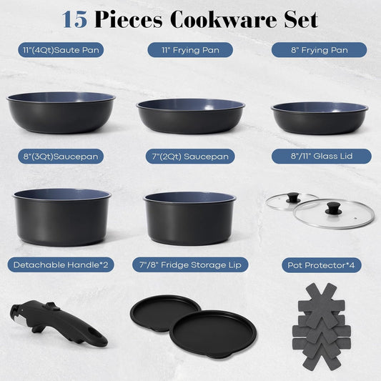15 Pcs Pots and Pans Set Non Stick, Detachable Handle Ceramic Cookware Sets Nonstick, Non Toxic Induction RV Kitchen Cooking Set with Removable Handles, Dishwasher/Oven Safe, Easy Clean