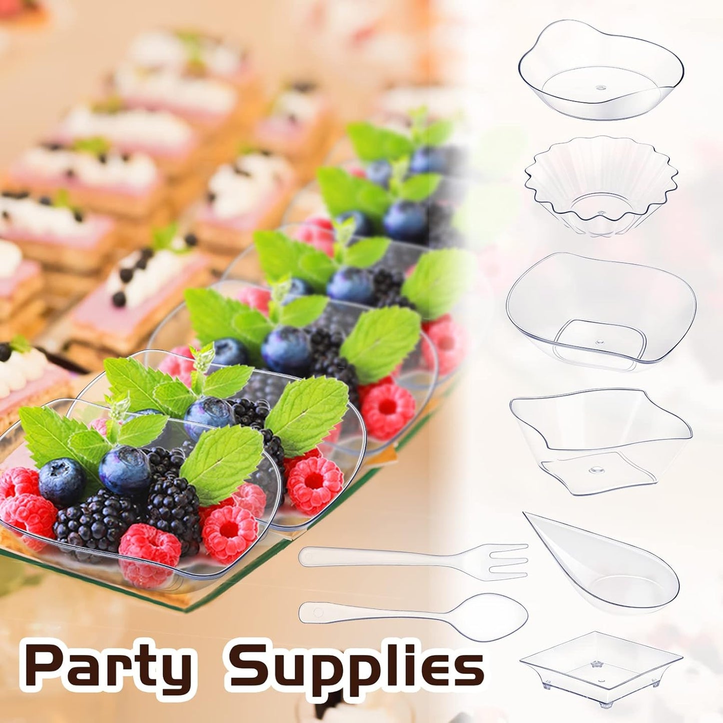 Tessco 1200 Pcs Mini Appetizer Plates Set Including 600 Pcs 6 Shapes Disposable Mini Dessert Cups 300 Spoons 300 Forks for Party Wedding Pudding Ice Cream(Clear)