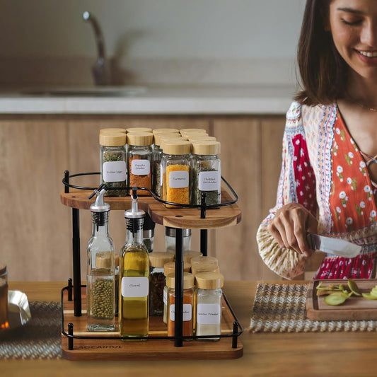 Acacia Wooden Spice Rack Organizer Lazy Susans Rotating Countertop 2 Tiered Display Shelf Kitchen Adjustable Height Spinning Spice Rack 11.8INCH Large Capacity