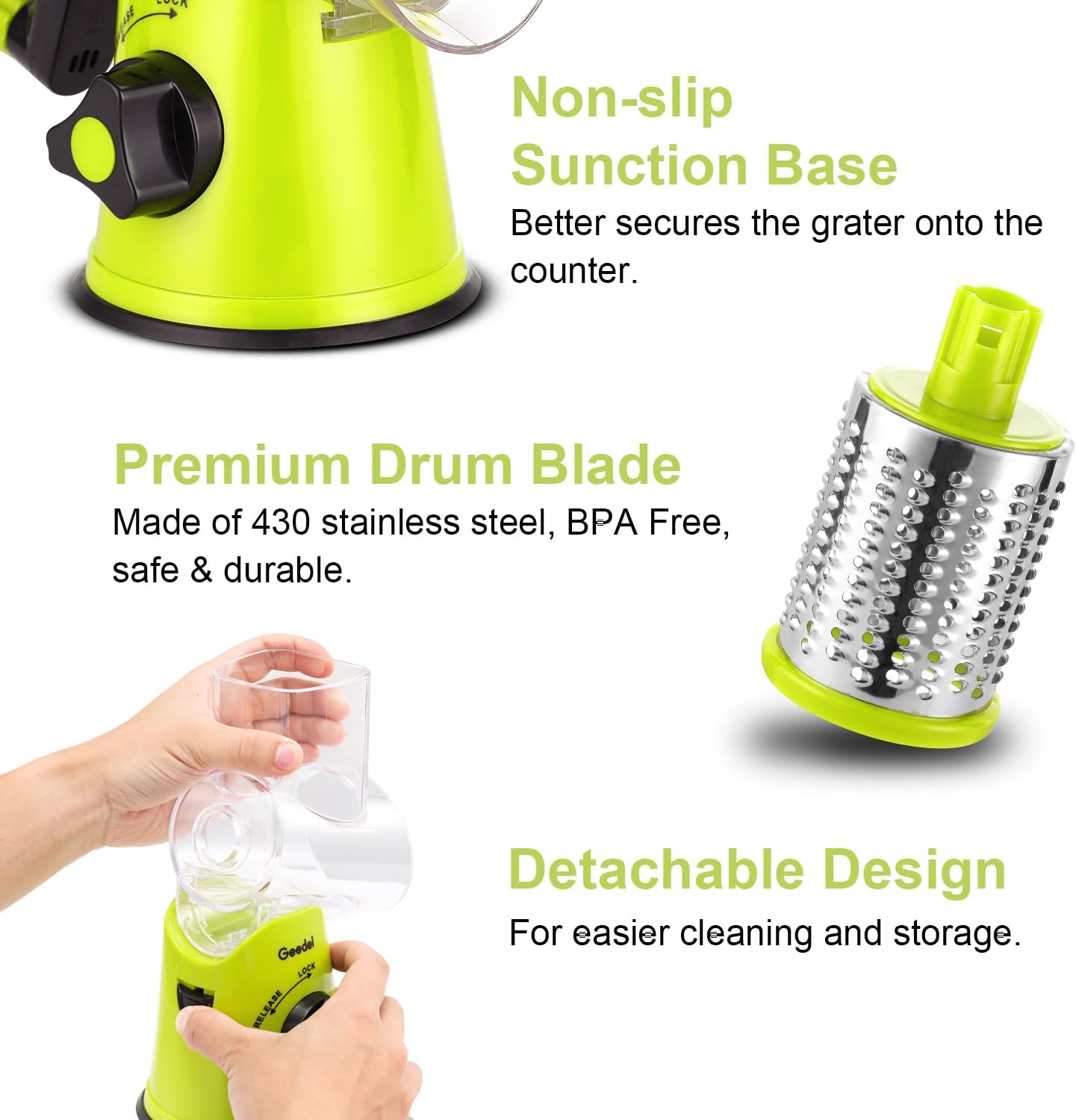 Geedel Rotary Cheese Grater, Kitchen Mandoline Vegetable Slicer with 3 Interchangeable Blades, Easy to Clean Rotary Grater Slicer for Fruit, Vegetables, Nuts