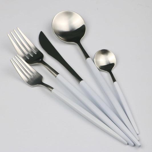 Customized 20-Piece 18/10 Stainless Steel Flatware Set, Serive for 4, With Fork Spoons Knife Teaspoon Dessert Fork for Home Kitchen Restaurant Hotel (White + Silver)