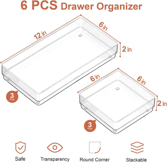 SMARTAKE 6 PCS Clear Plastic Drawer Organizers Set, Large Size Non-Slip Desk Drawer Organizer, 2-Size Versatile Bathroom and Vanity Drawer Organizer Trays for Makeup, Bedroom, Office, Kitchen Utensils