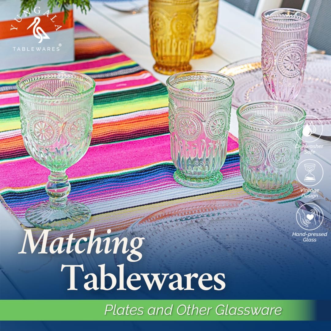 Yungala Green Glassware set of 6 green drinking glasses, textured colored vintage glass cups dishwasher safe