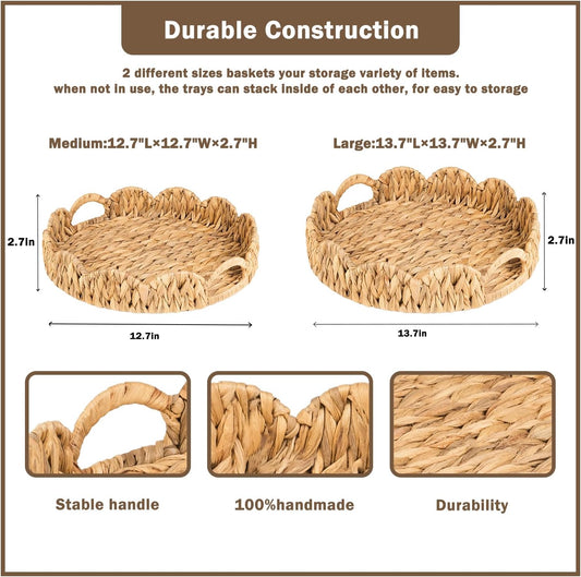 Scalloped Edge Round Tray, Round Serving Tray with Built-in Handles, Wicker Woven Decoratve Tray Basket Organize for Coffee Table Home Decor, Water Hyacinth Rattan Tray,Set of 2, Natural