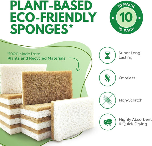 10 Pack Biodegradable Natural Kitchen Sponge - Compostable Cellulose and Coconut Walnut Scrubber Sponge - Eco Friendly Sponges for Dishes