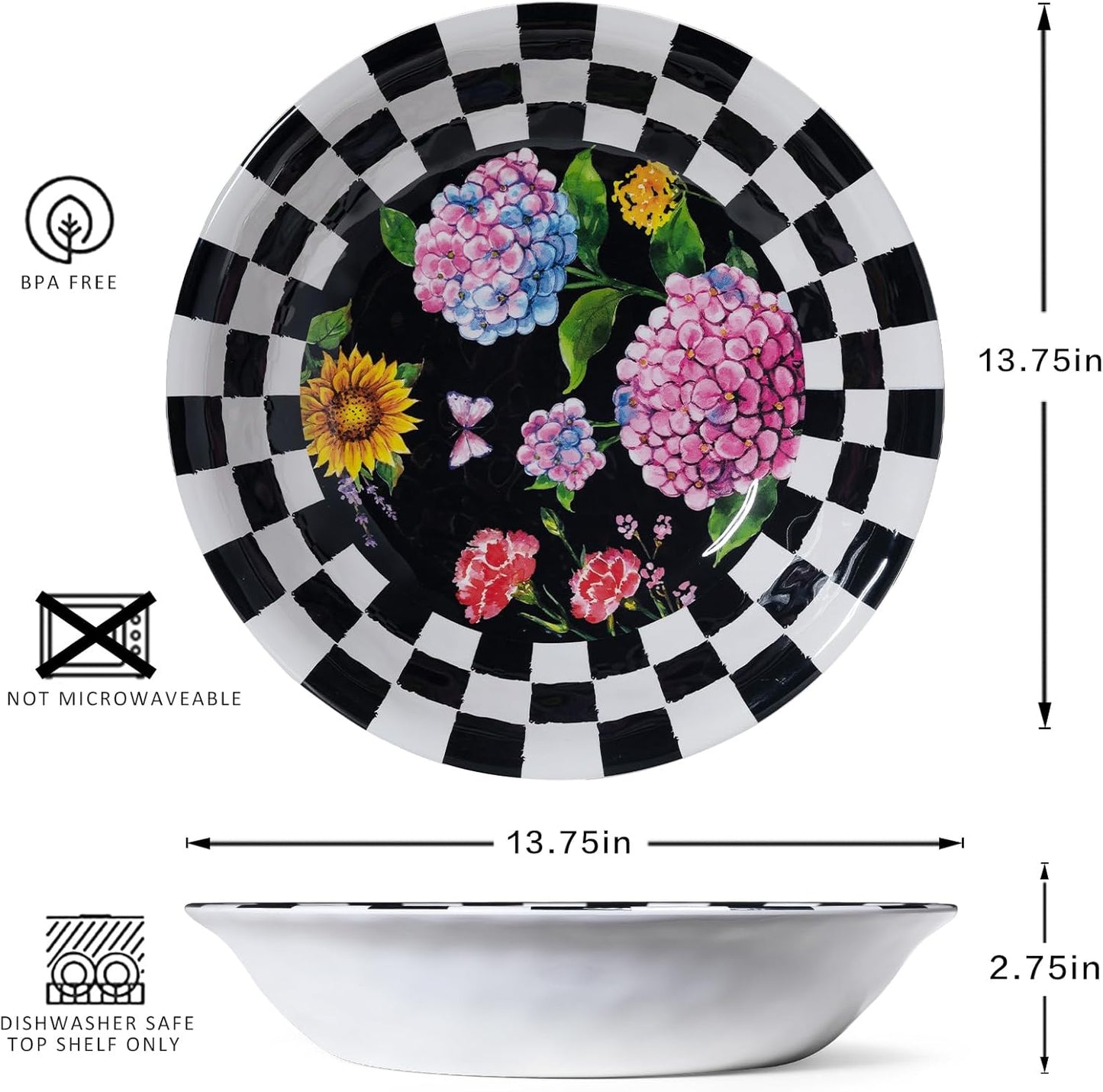 LEHAHA Melamine Large Serving Bowls, Set of 2, Sunflower 13.75" x 2.75" (130 OZ) Pasta and Salad Bowl, Black Plaid Durable for Kitchen, Dishwasher Safe