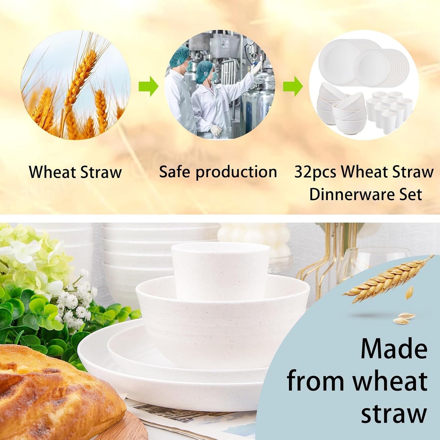 Supernal 32pcs Wheat Straw Dinnerware Sets, White Dishes for 8, Plates and Bowls Sets, Reusable Plastic Plates, Microwave Dishwasher Safe, White Plastic Dinnerware Set