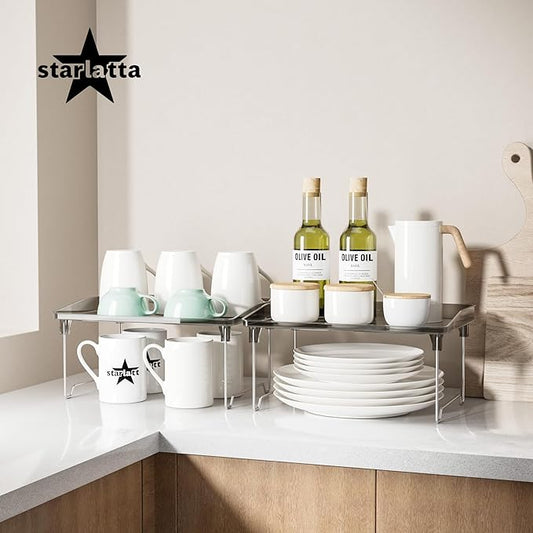 2 Pcs Cabinet Organizer Shelf,Stackable Kitchen Counter Shelves, Spice Rack,Countertop Organizers,Black Plastic Storage Shelves Rack for Makeup,Bathroom, Cupboard,Desk,Pantry Organization