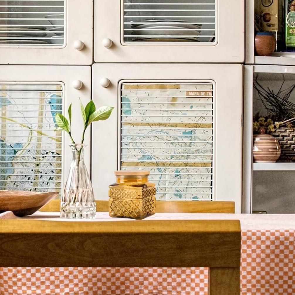 Glass Storage Canister with Airtight Lids, 20.3 oz Candy Jar Cute Jar for Ground Coffee, Tea Bag, Snacks Vintage Decorative Glass Jars for Coffee Bar Kitchen Counter Table