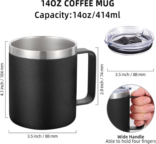 Volhoply 14oz Insulated Stainless Steel Coffee Mug with Leakproof Lid,Double Wall Vacuum Travel Coffee Cup with Handle,Reusable Metal Cups Tumbler,Camping Mugs Keep Hot/Cold,Gifts(Black,1)