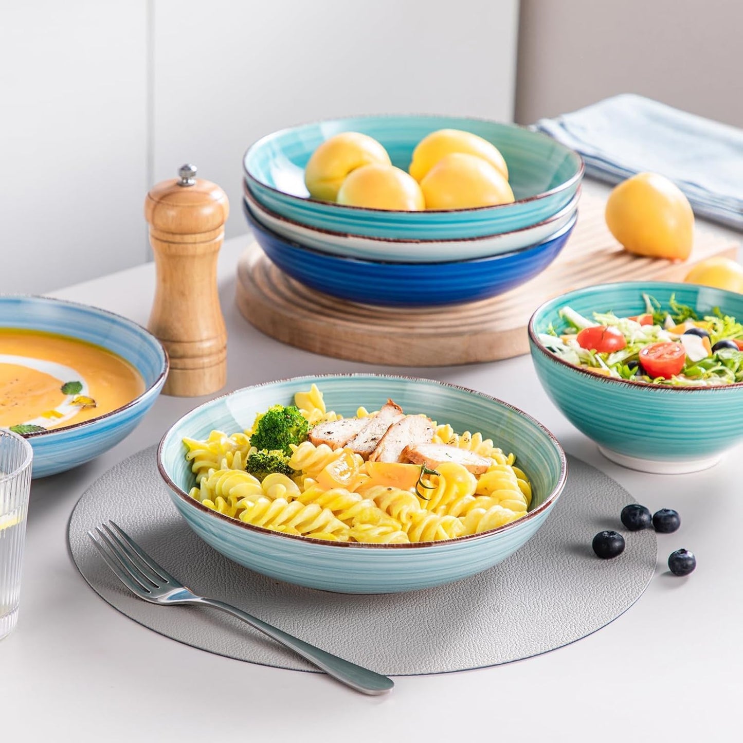 vancasso Bonita Dinnerware Set 24 Pieces Blue Stoneware Service for 6, Handpainted Spirals Pattern Stoneware Combination Set