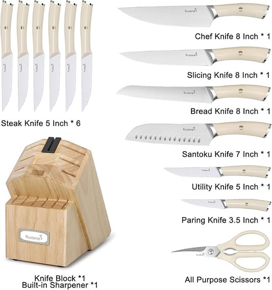 Kuisine Chef Knife Set,High Carbon Stainless Steel Block Knife Set,Knife Block Set with Built-in Sharpener,Sharp Knife Set Forged,Elegant Gift(Ivory,15pcs)