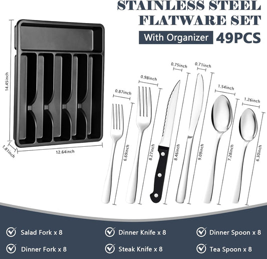BEWOS 49-Piece Silverware Set with Organizer - Stainless Steel Silverware Set for 8 with Steak Knives and Drawer Organizer, Mirror Polished Flatware Set for Home and Restaurant, Dishwasher Safe