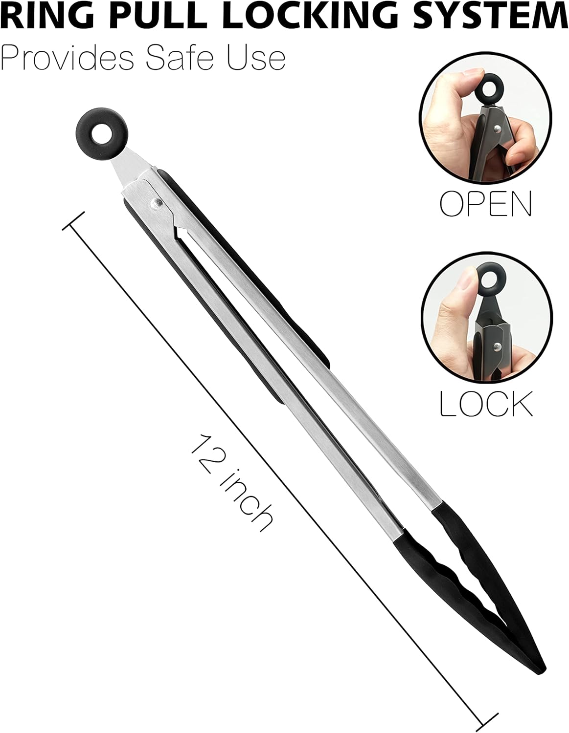 Anaeat Non-Stick Silicone Locking Tong - Stainless Steel 12" Kitchen Food Tongs with Non-Slip Silicone Tips and Grip for Cooking, Baking and BBQ - Heat Resistant up to 480°F (Black)