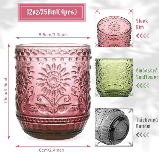 Glass Cups, Vintage Glassware Drinking Glass Set of 4, 12oz Colored Glassware with Sunflower Design, Embossed Floral Decorative Glasses Drinking Set for Cocktail, Wine, Vintage Drinking Glasses