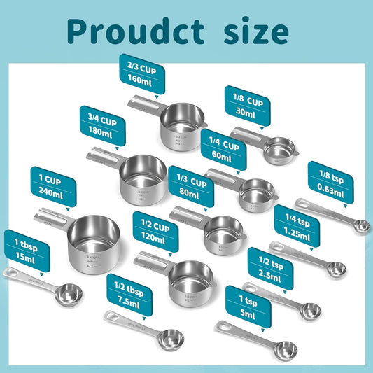 Measuring Cups and Spoons Set, Stainless Steel Measuring Cups Measuring Spoons with Easy to Read Markings, Ideal Kitchen Gadgets for Cooking & Baking, 13 Pack