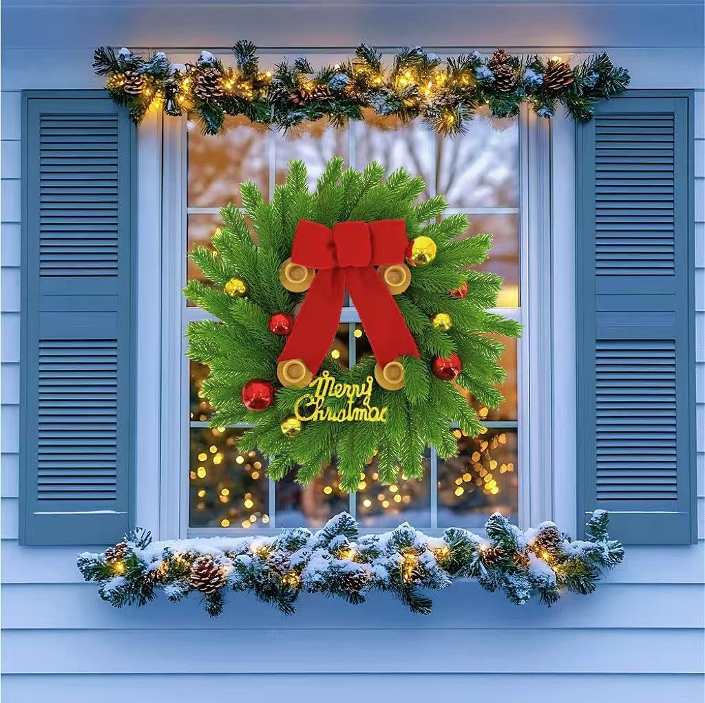 20Inch Christmas Candle Wreath, Realistic Pine Advent Wreath with Red Gold Balls and Bow, Kitchen Cabinet Candle Holder for Table Wall Window Porch Front Door Fireplace Decor